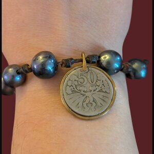 Artesian Made Hand Knotted Leather Cord 13.2mm Natural Pearl Coin 7.5" Bracelet